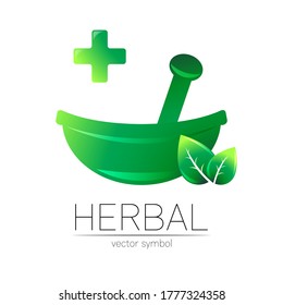 Green herbal bowl vector logotype with green leaf and cross. Concept symbol for medical, clinic, pharmacy business or shop. Nature design element. Creative ECO label logo. Traditional herbal therapy