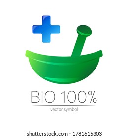 Logotipo vectorial del intestino vegetal verde, cruz azul. Símbolo de concepto para el negocio médico, clínico, farmacia o tienda. Diseño natural con elementos foliares. Etiqueta o logotipo de ECO creativo. Terapia tradicional de hierbas.