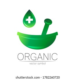 Logotipo vectorial del intestino vegetal verde con gota. Símbolo de concepto para el negocio médico, clínico, farmacia o tienda. Diseño natural con elementos foliares. Etiqueta o logotipo de ECO creativo. Terapia tradicional de hierbas.