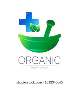 Logotipo vectorial del intestino vegetal verde con hoja verde, cruz azul. Símbolo de medicina, clínica, farmacia o tienda. Elemento de diseño natural. Etiqueta o logotipo de ECO creativo. Terapia tradicional de hierbas.