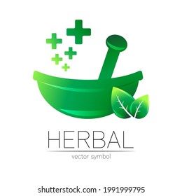 Green herbal bowl vector logotype with green leaf and cross. Concept symbol for medical, clinic, pharmacy business or shop. Nature design element. Creative ECO label logo. Traditional herbal therapy.