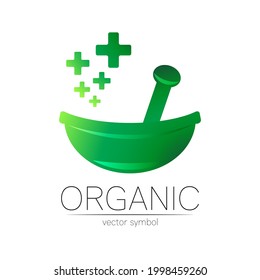 Green herbal bowl vector logotype and few cross. Concept symbol for medical, clinic, pharmacy business or shop. Nature design with leaf element. Creative ECO label or logo. pharmaceutical therapy.