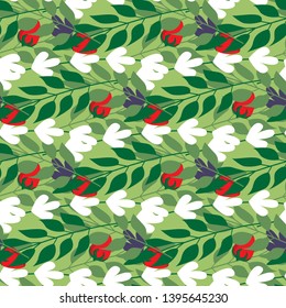 Green herbal leaves and wild berries seamless pattern , Fashion, interior, wrapping consept. Contemporary vector illustration on green background
