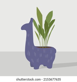 Green herbal plant in a pot with an animal in blue on a gray background. Vector flat image of a plant in a pot with a llama. Design for postcards, avatars, posters, backgrounds, templates, textiles.