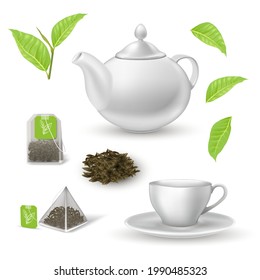 Green herbal tea elements set. Teapot, cup on plate, square and triangular teabag, pile of dried leaves, plant on branch vector illustration. Healthy drink on white background.