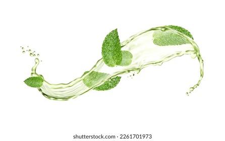 Té de hierbas verdes salpicado y gotas con hojas de menta. 3d onda de bebida vectorial con flujo de agua verde. Publicidad de bebidas orgánicas con follaje realista y salpicaduras de agua. Plantas frescas, té de aroma natural