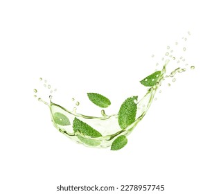 Grüne Kräutertee-Splash-Welle mit minzigen Blättern und fallenden Tropfen. Vektorrealistischer Fluss oder wirl von frisch brautem grünem Tee, Trinkwasser oder Matcha-Getränken, aromatisiert mit Pfefferminzpflanzenblättern