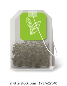 Green herbal tea in teabag. Square aromatic bag with label design tag of leaf vector illustration. Realistic healthy drink with dried leaves isolated on white background, macro view.