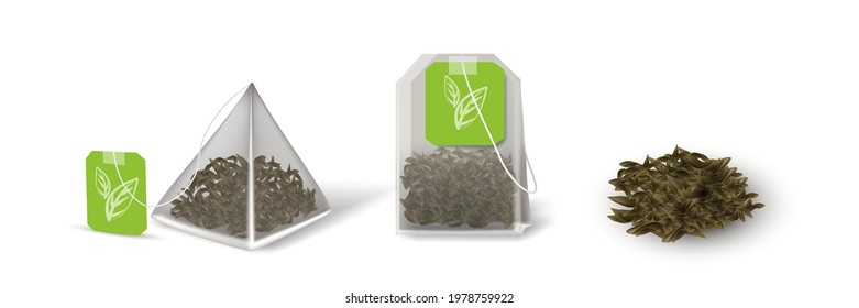 Green herbal tea in teabags and pile set. Square and triangular aromatic bags with label design tags vector illustration. Realistic healthy drink isolated on white background.