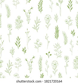Hierbas verdes y flores sin costura. Diseño escandinavo a mano. Ilustración vectorial.