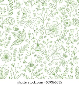 Green herbs and flowers seamless pattern. Scandinavian background. Nature style.