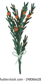 Green herbs and flowers tied in a bunch. Hand drawn vector stock illustration. Colored cartoon doodle. Single botany drawing isolated on white. Element for design, print, sticker, card, decor, wrap.