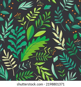 Green herbs seamless pattern. Leaves, wildflowers and berries. Vector illustration with different plants and branches on dark brown background
