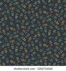 Green herbs seamless pattern. Leaves, wildflowers and berries. Vector illustration with different plants and branches on dark brown background.