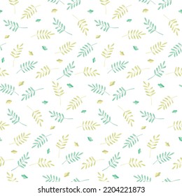 Green herbs seamless pattern. Leaves, wildflowers and berries. Vector illustration with different plants and branches on white background