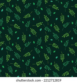 Green herbs seamless pattern. Leaves, wildflowers and berries. Vector illustration with different plants and branches on dark green background