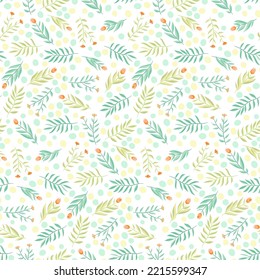 Green herbs seamless pattern. Leaves, wildflowers and berries. Vector illustration with different plants and branches on white background