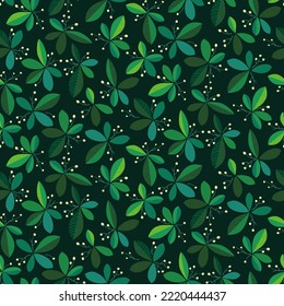 Green herbs seamless pattern. Leaves, wildflowers and berries. Vector illustration with different plants and branches on dark green background