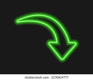 Green here neon arrow. Lightning direction sign on dark background. Vector realistic illustration.