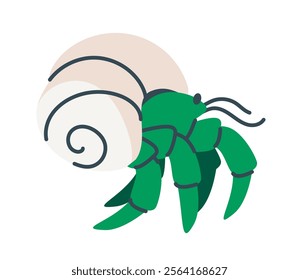 Green hermit crab with a beige spiral shell, drawn in a simple cartoon style on a white background, perfect for marine and animal-themed designs. Flat cartoon vector illustration