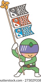 Héroe verde que apoya el Streamer de la carpa para la ilustración japonesa del día del niño
