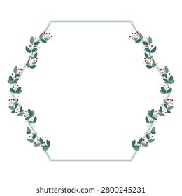 Green Hexagon Border Frame Decorated With Green Leaves And Red Cherry Berry