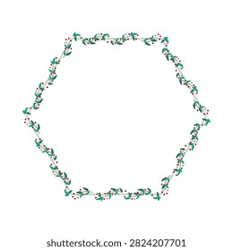 Green Hexagon Border Frame Decorated With Plant Leaves And Red Cherries