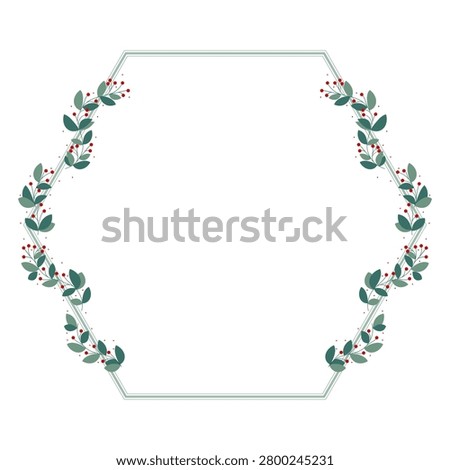 Green Hexagon Border Frame Decorated With Green Leaves And Red Cherry Berry