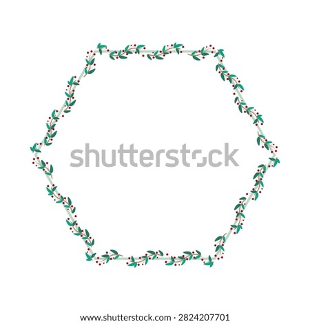 Green Hexagon Border Frame Decorated With Plant Leaves And Red Cherries
