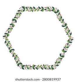 Green Hexagon Border Frame With Green Leaves And Red Cherry Berry