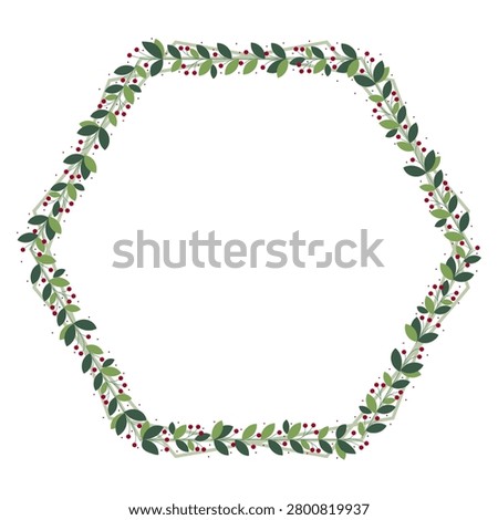 Green Hexagon Border Frame With Green Leaves And Red Cherry Berry