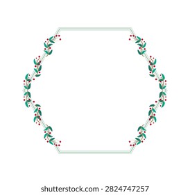Green Hexagon Border Frame With Plant Leaves And Red Cherry Berry