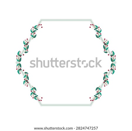 Green Hexagon Border Frame With Plant Leaves And Red Cherry Berry