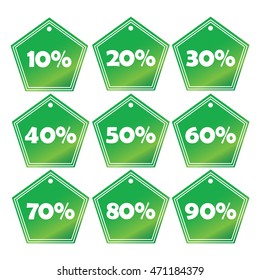 green hexagon shape discount tag set 10%, 20%, 30%. 40%, 50%, 60%. 70%, 80%, 90%.