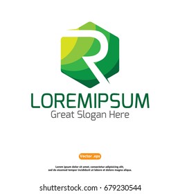 Green hexagonal letter R logo template. letter R logo.