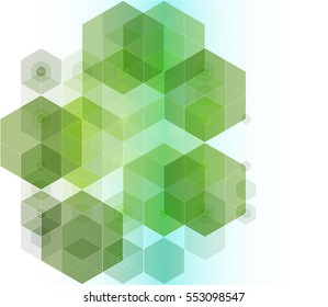 Green hexagons on a transparent blue background
