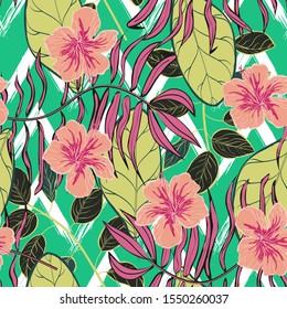 Green Hibiscus Flower Leaf Vector Seamless Pattern. Indigo Retro Jungle Backdrop California Style. Caramel Tree Fabric Print. Pink Monstera Leaf Print