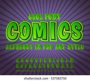 Fuente cómica verde de alto detalle en la página de la historieta. Alfabeto en estilo de comics, arte pop. Cartas divertidas multicapa y figuras para la decoración de ilustraciones para niños, afiches, tiras, pancartas