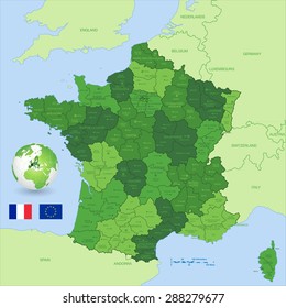 A Green High Detail vector Map of France with administrative divisions and major cities, with a 3D Globe centered on France and both Eu and France flags.