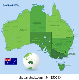 A Green High Detail vector Map of Australia states and major cities, with a 3D Globe centered on Australia and its flag. 
