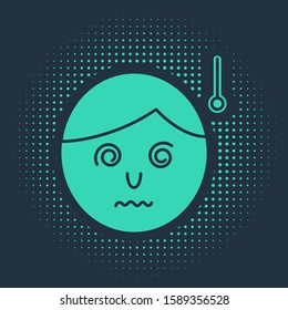 Green High human body temperature or get fever icon isolated on blue background. Disease, cold, flu symptom. Abstract circle random dots. Vector Illustration