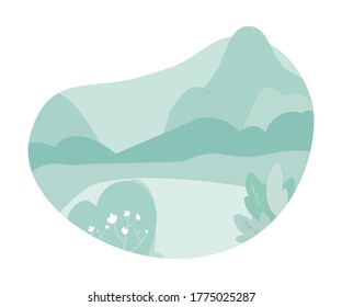 Green highland field with mountain on background. Fantasy landscape with tree, rock and meadow. Wild nature. Ecology environment. Tourism and vacation. Touristic panorama. Cutout vector