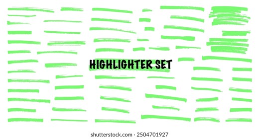 Green highlight marker lines isolated on white background. Various marker pen strokes with different length and thickness hand drawn set. Realistic vector graphic modern design elements.