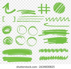 Green highlight marker stripes isolated on white background, Transparent marker pen lines hand drawn set. Vector graphic stylish design elements, Hand drawn sketch Doodle highlight line, Highlighting 