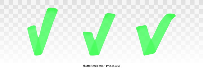 Green highlighter check mark set isolated on transparent background. Marker pen highlight underline strokes. Vector hand drawn graphic stylish element