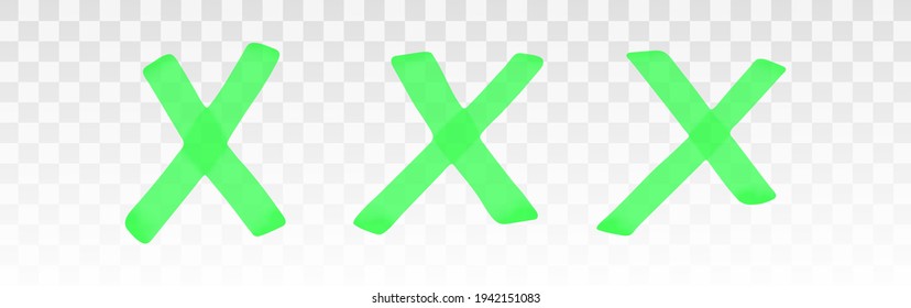 Green highlighter crosses set isolated on transparent background. Marker pen highlight underline cross. Vector hand drawn graphic stylish element