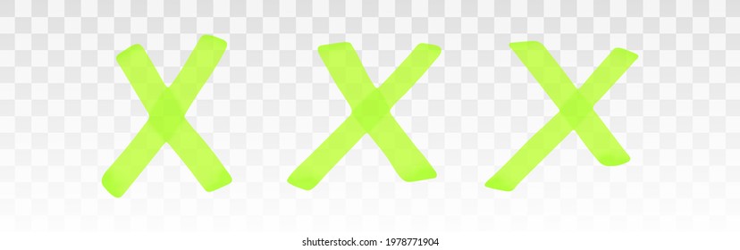 Green highlighter crosses set isolated on transparent background. Marker pen highlight underline cross. Vector hand drawn graphic stylish element