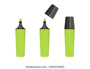 Green highlighter marker, 3 versions of marker in green color. Vector set.