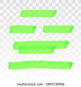 Green highlighter transparent brush lines set. Marker highlight underline stripes isolated on transparent background. Vector hand drawn graphic stylish element