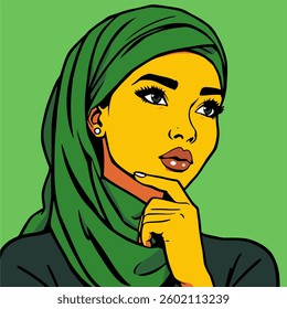 With a green hijab and a thoughtful pose, this emoji captures a moment of quiet contemplation